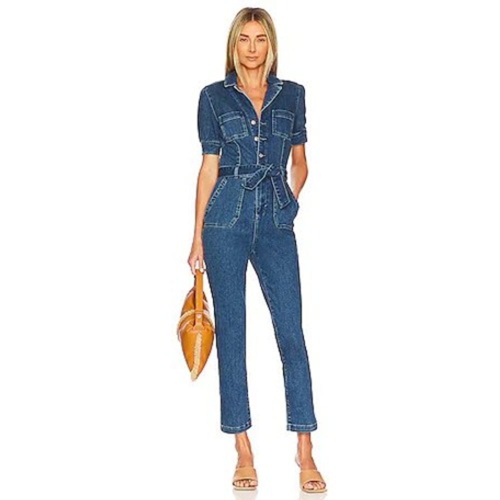 PAIGE Mayslie Straight Ankle Denim Jumpsuit Janelle Blue Puff Sleeve Size 4